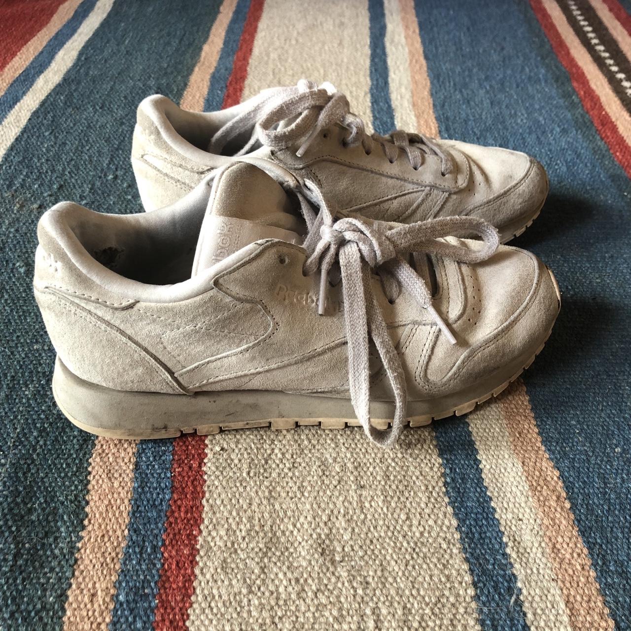 Beige Reebok classic trainers Size 3 but also fit 4 - Depop