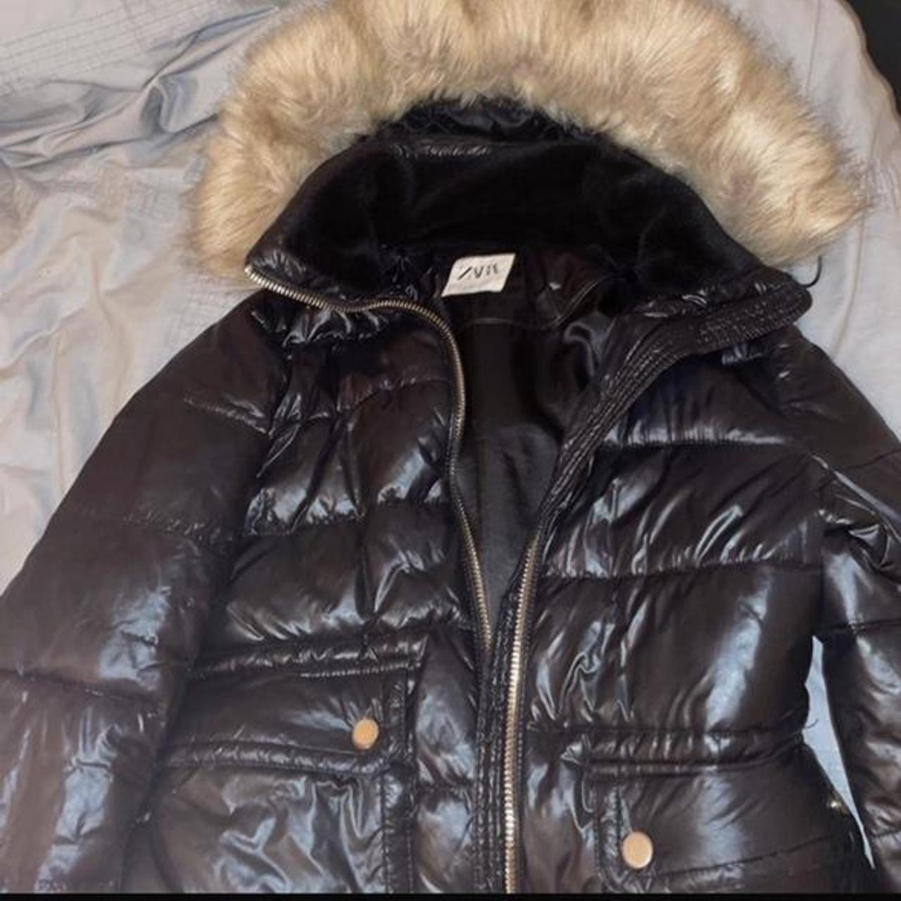 shiny puffer jacket with fur hood zara