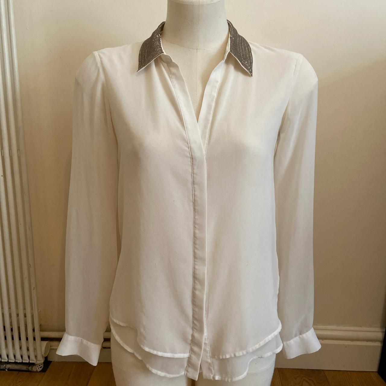 Zara cream sheer blouse with gold sequin collar... Depop