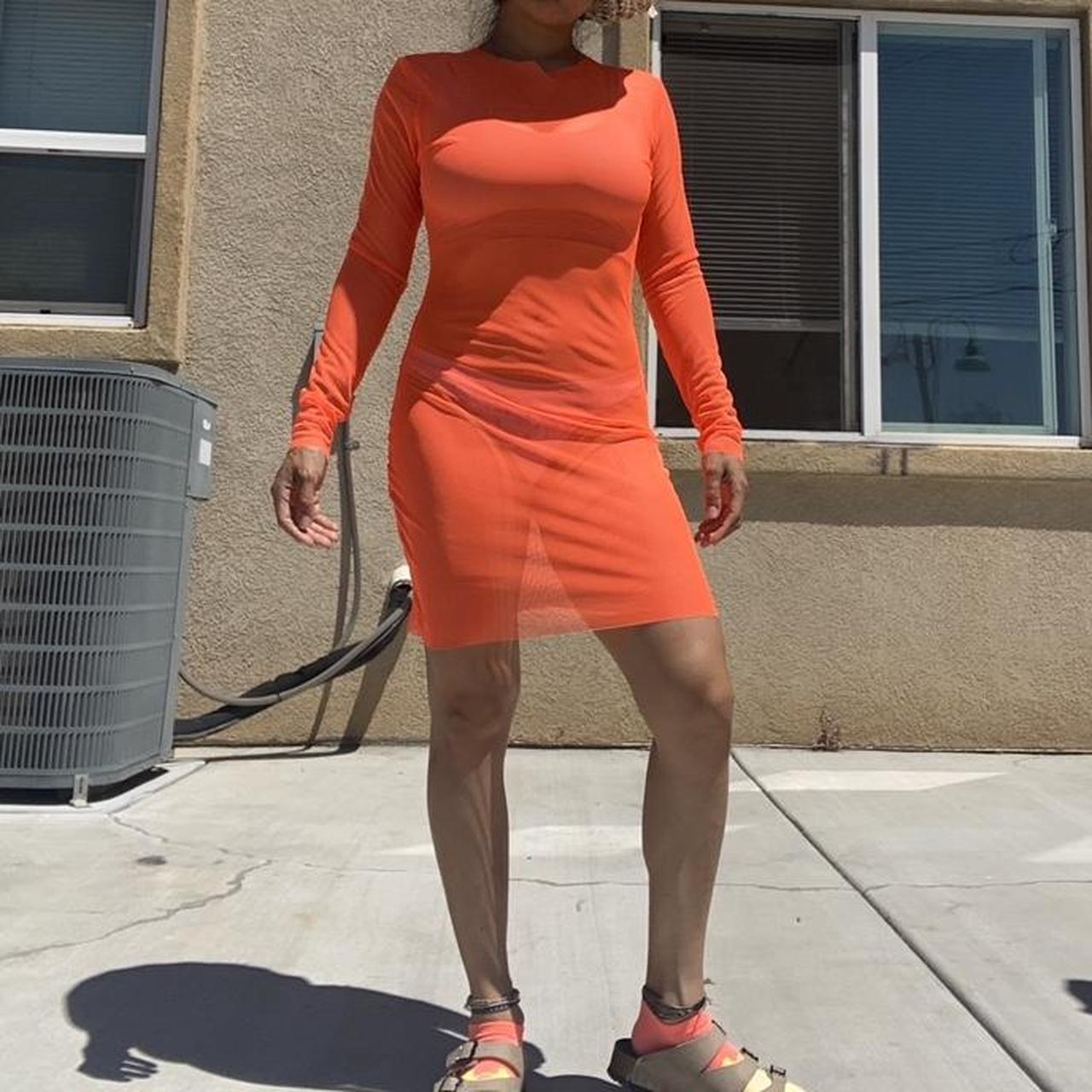 Neon Orange Mesh Long Sleeve Dress No tags fits like. Depop