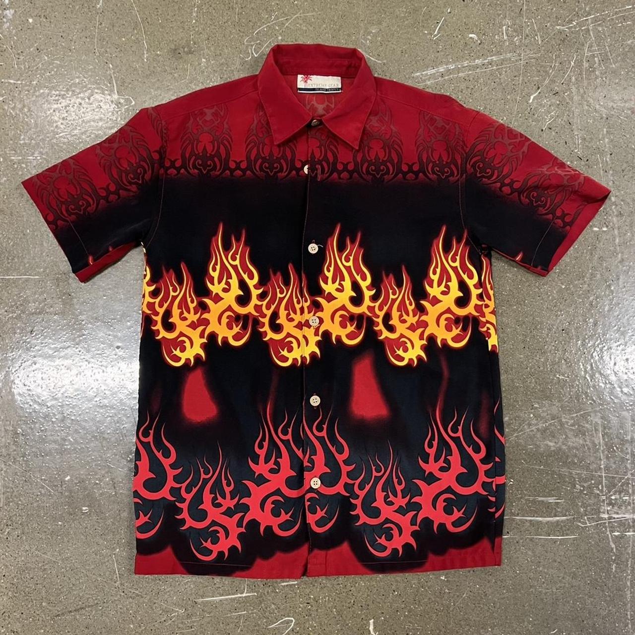 Vintage Y2K Flames Collard Light Weight Shirt... - Depop