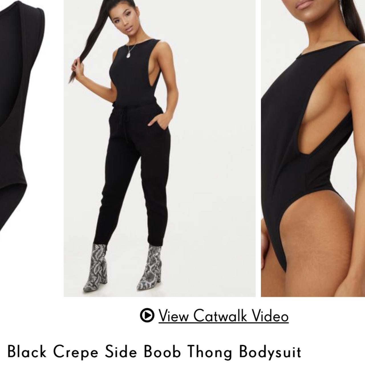 Black Crepe Side Boob Thong Bodysuit, Tops