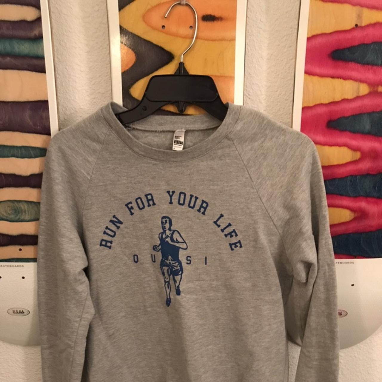 Quasi crew neck run for your life grey and blue on... - Depop