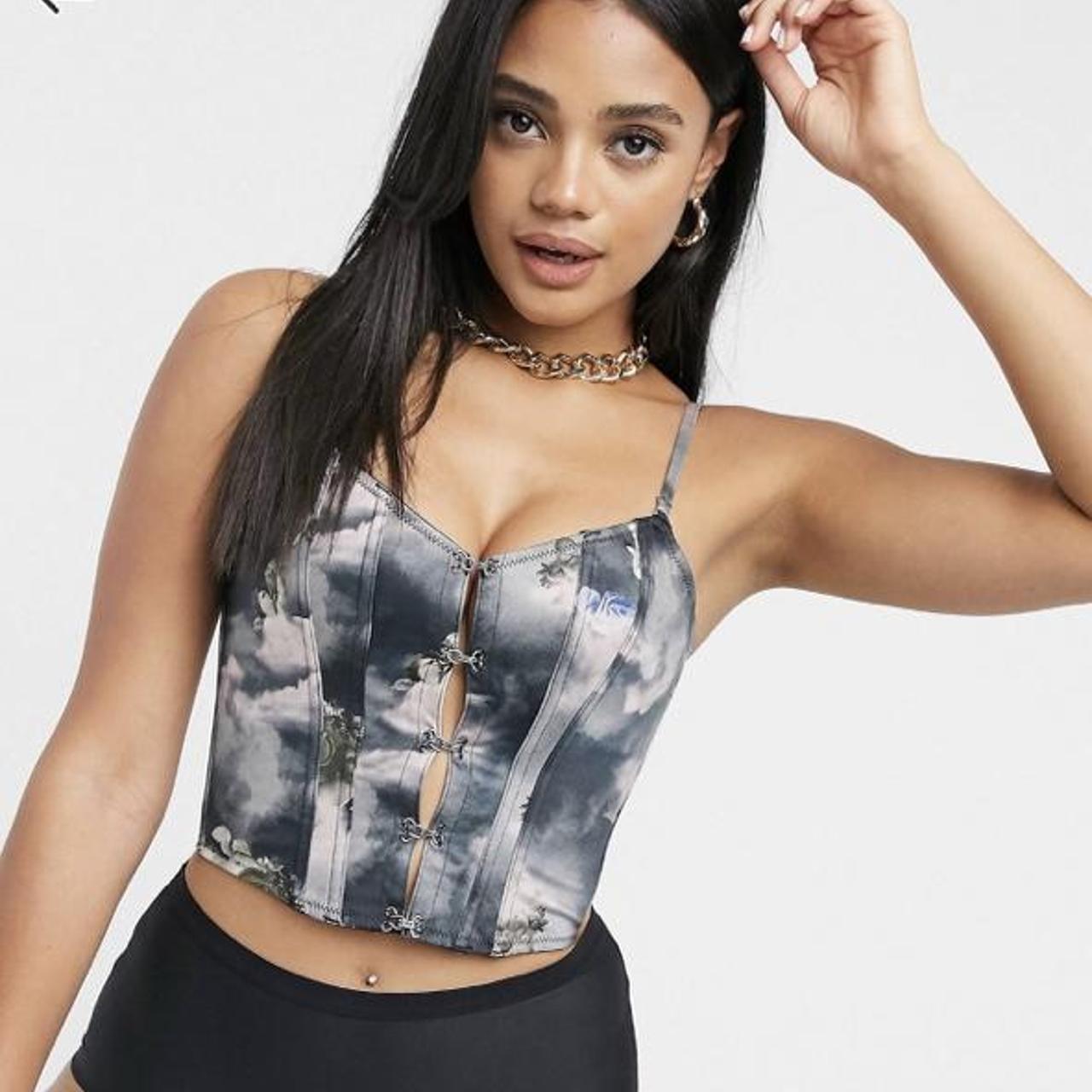 asos design lucia cherub print corset top with side boning