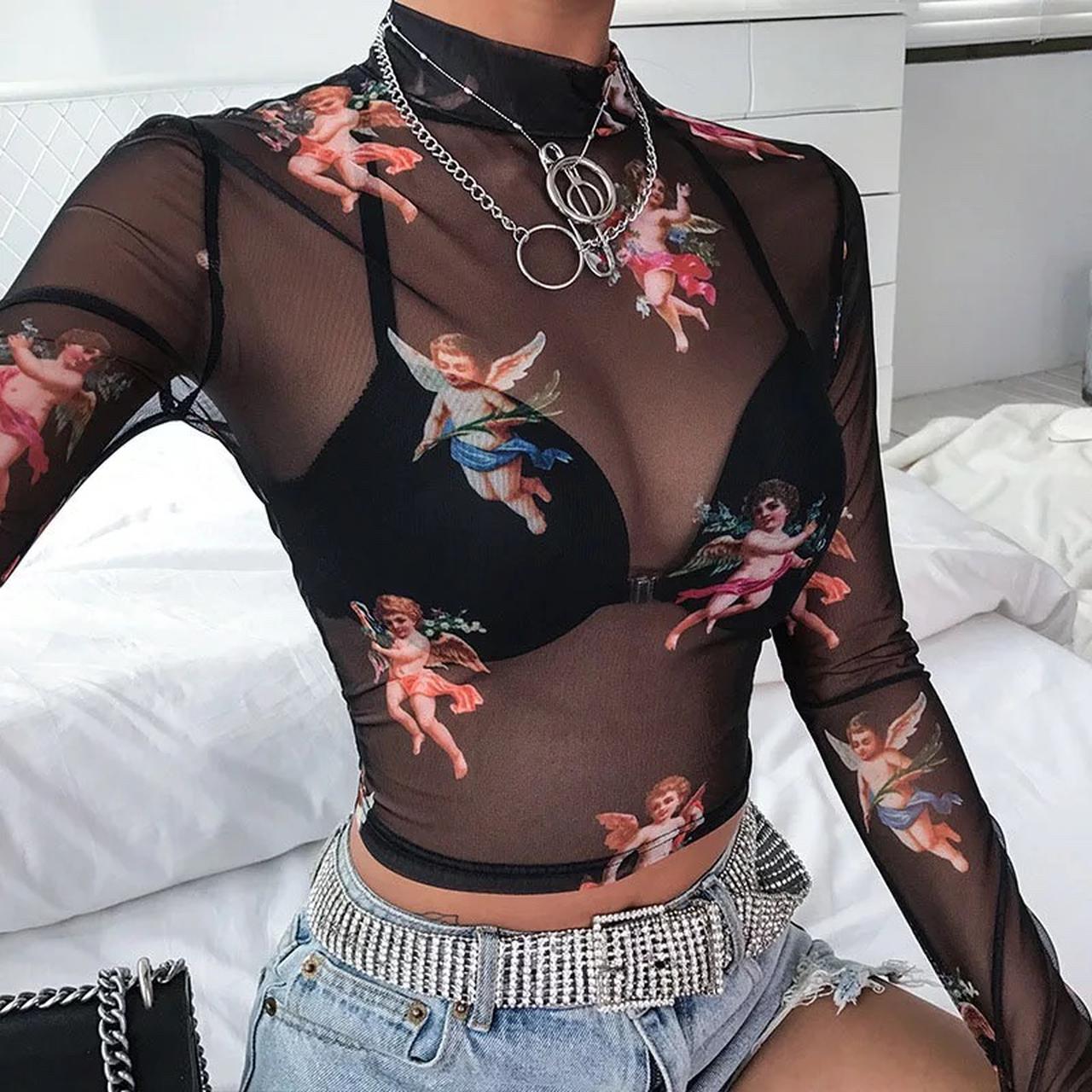 Sexy Women T Shirt See Through Transparent Mesh Tops... - Depop