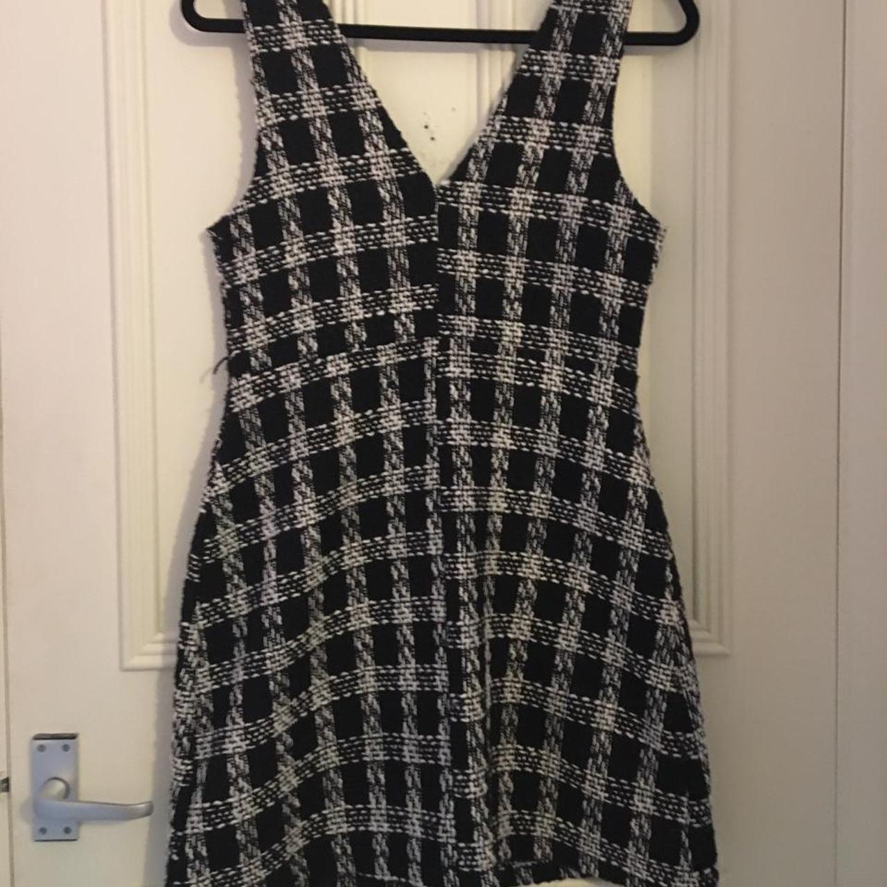 Monochrome Tweed V-Neck Pinafore Dress (Size: UK 10)... - Depop