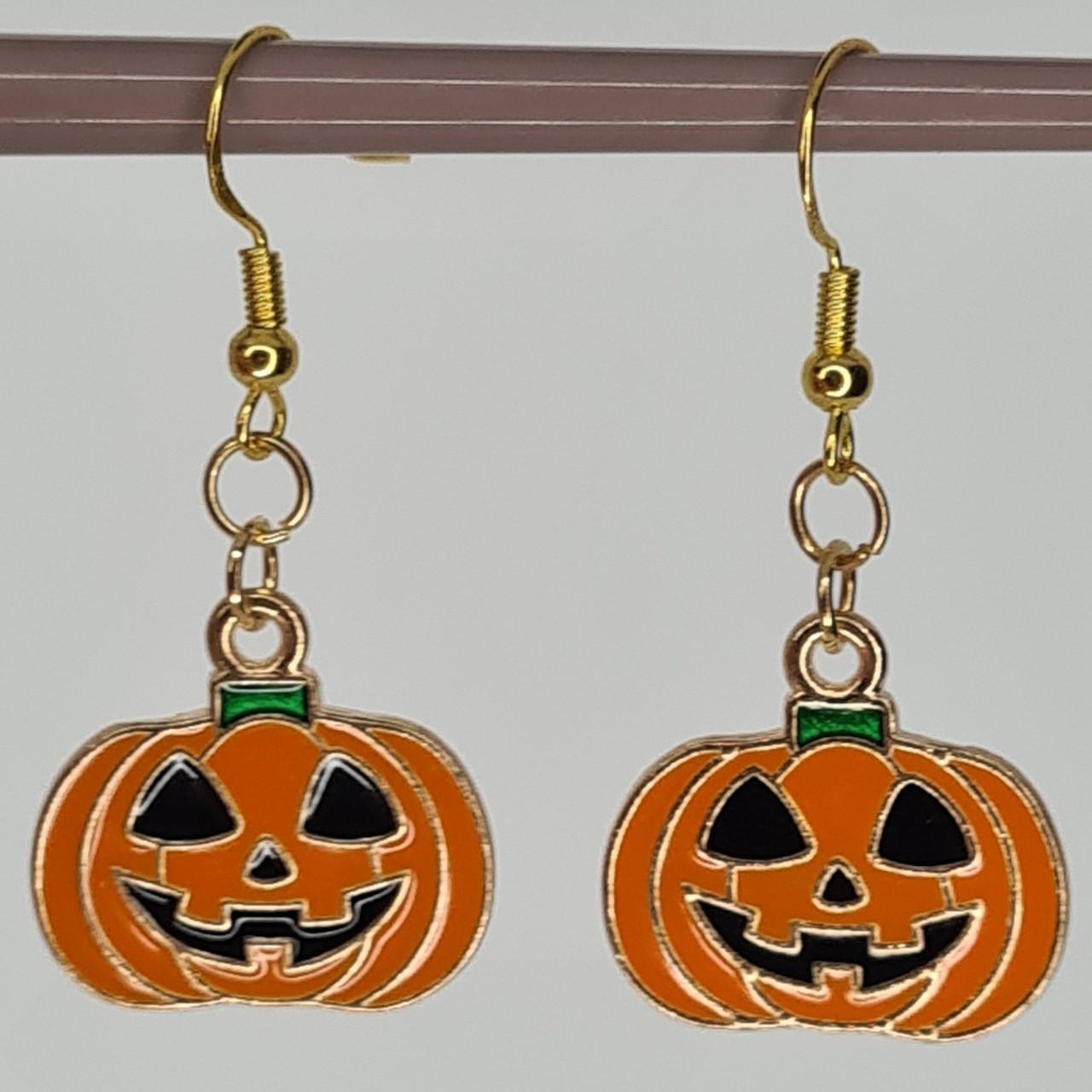 🎃 Handmade orange enamel pumpkin gold hook earrings... - Depop