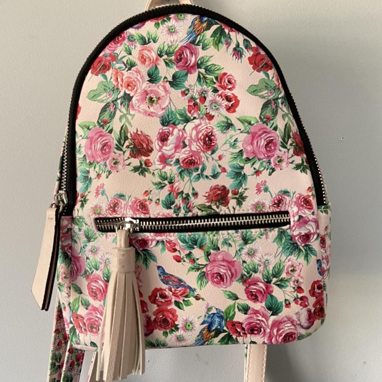 Cute floral pink and green rose mini backpack w it h... - Depop