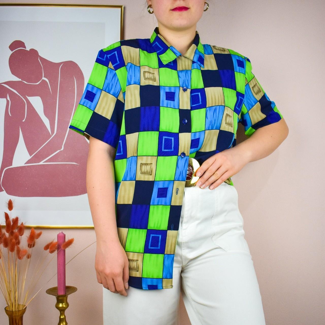 Vintage green and blue short sleeve shirt. Made in... - Depop