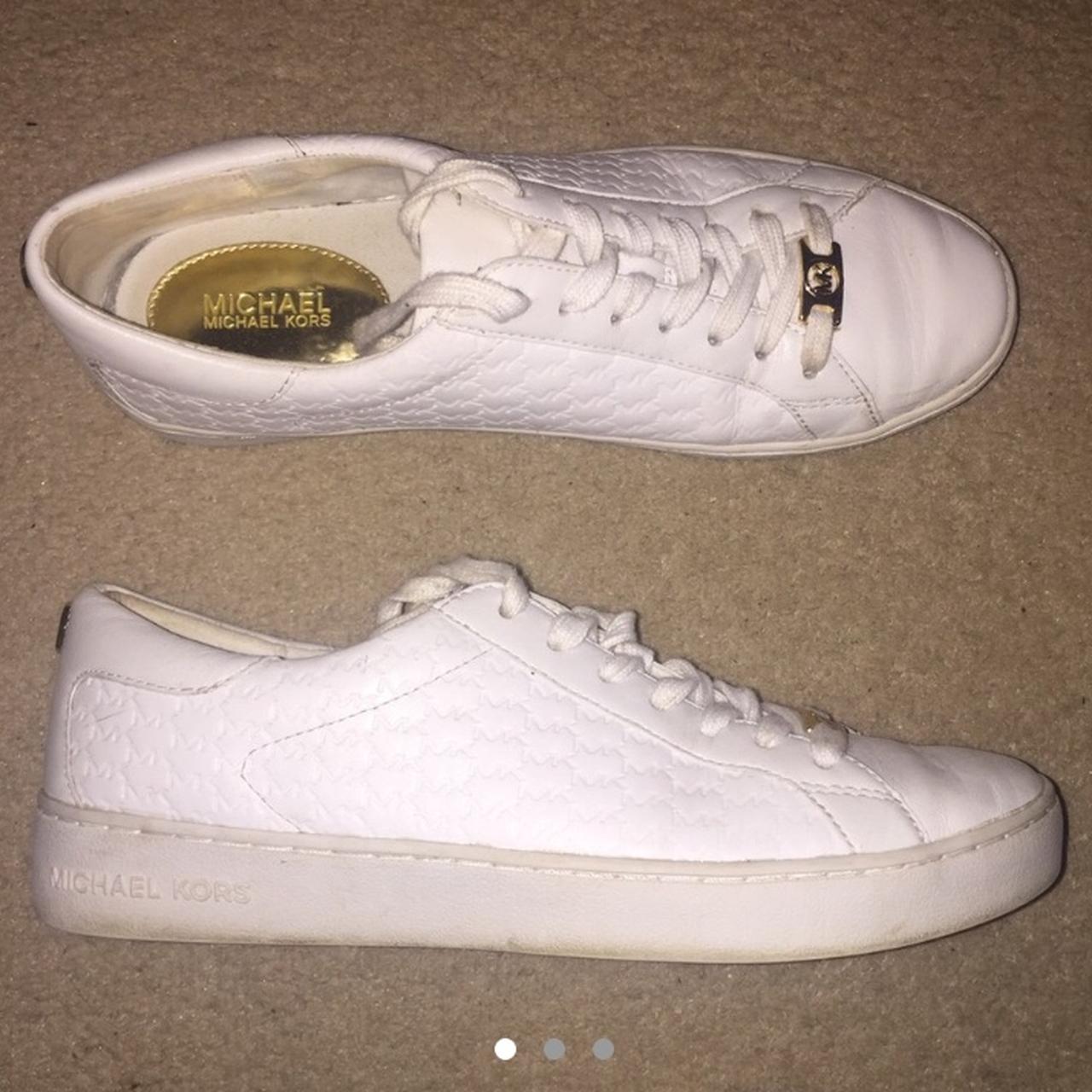 Alll white Michael Kors trainers with MK logo across... - Depop