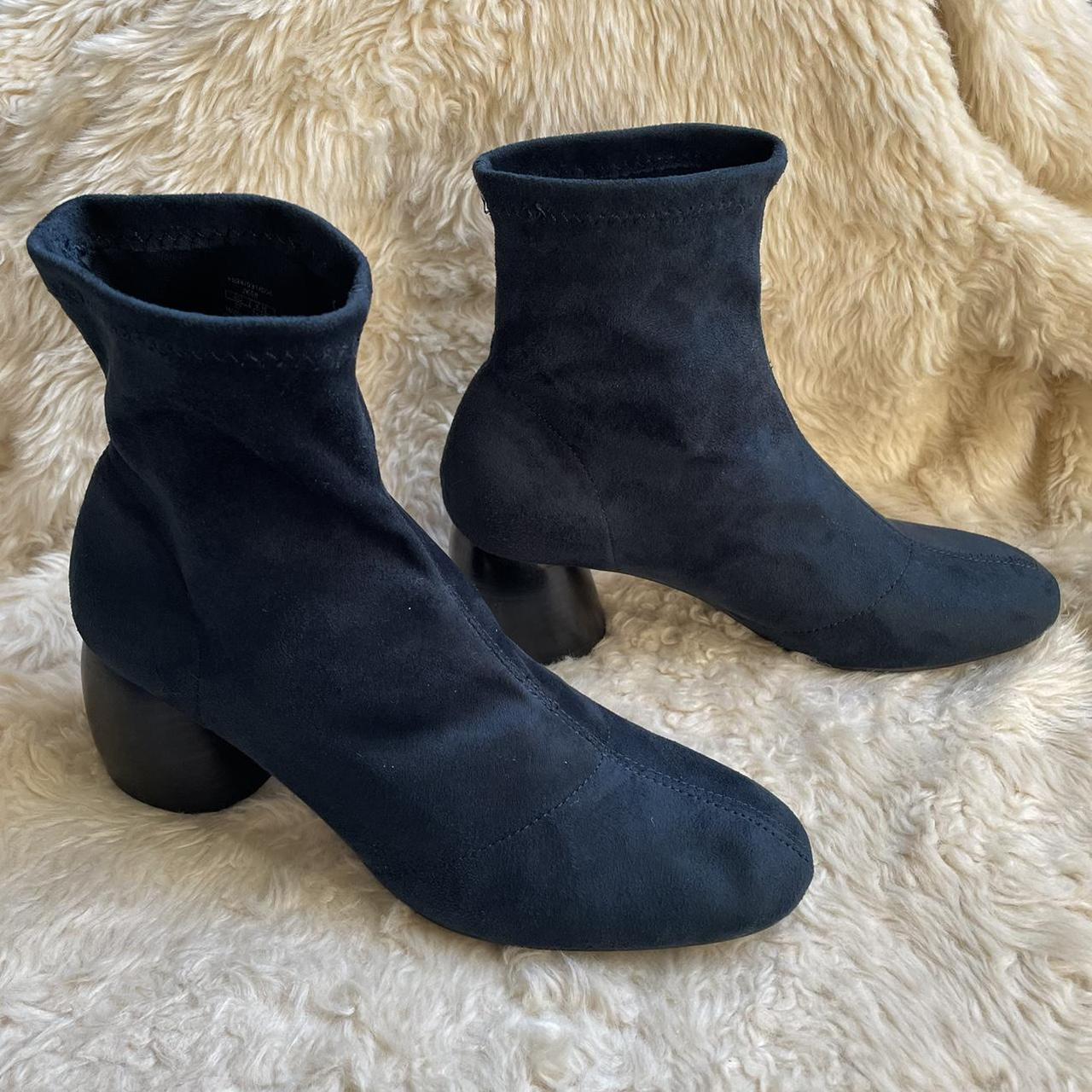 Beautiful navy suedette sock boots with block heel.... Depop