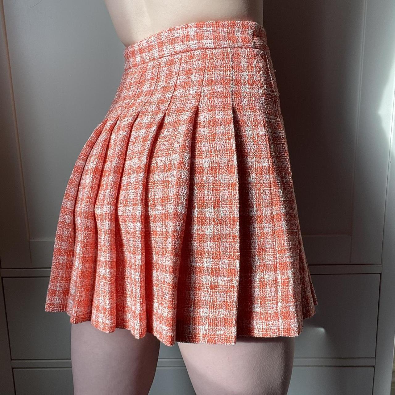 Coral checked pleated high waisted skirt. Looks - Depop