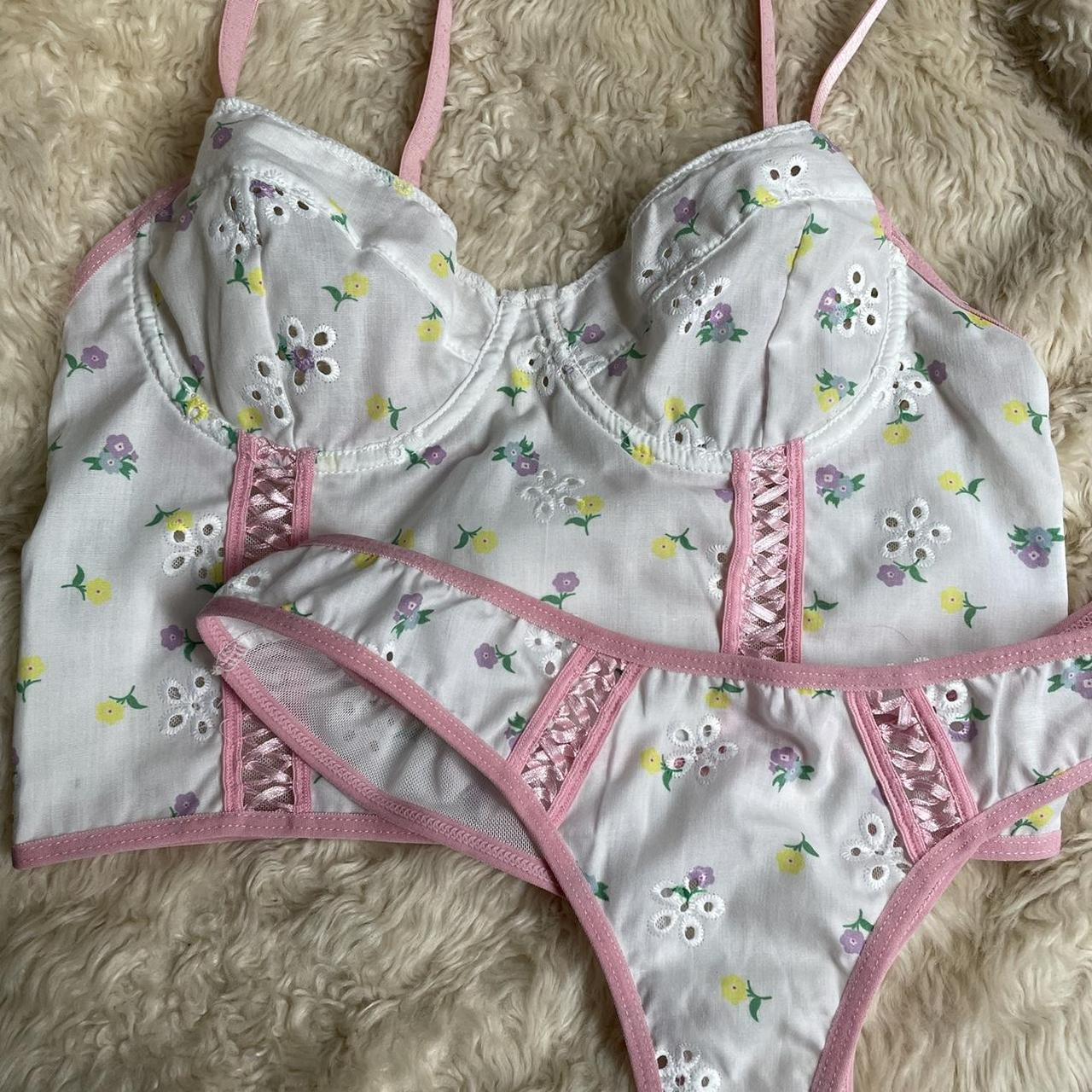 Broderie anglaise longline bra and matching thong... - Depop