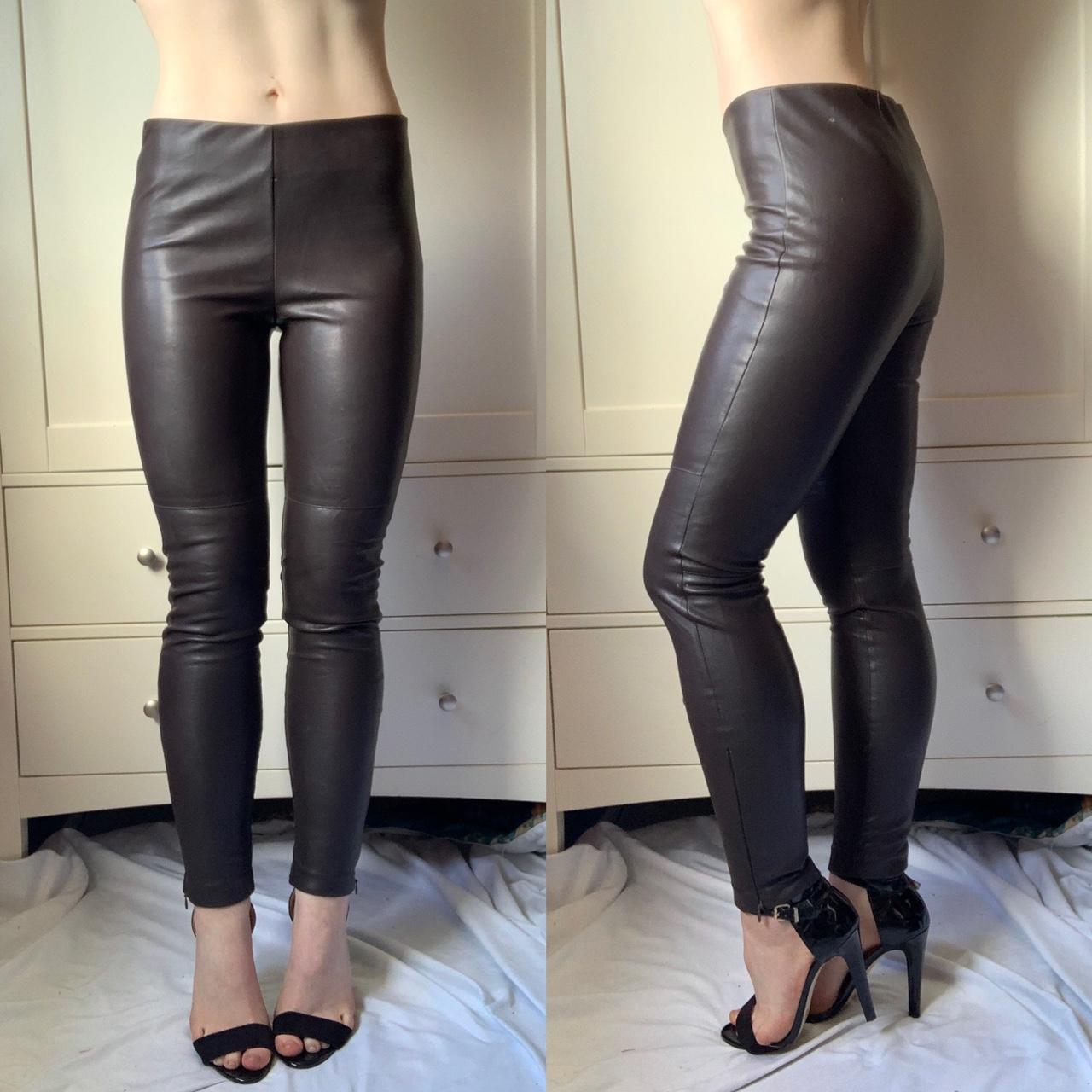 Chocolate brown faux leather high waisted skinny... - Depop