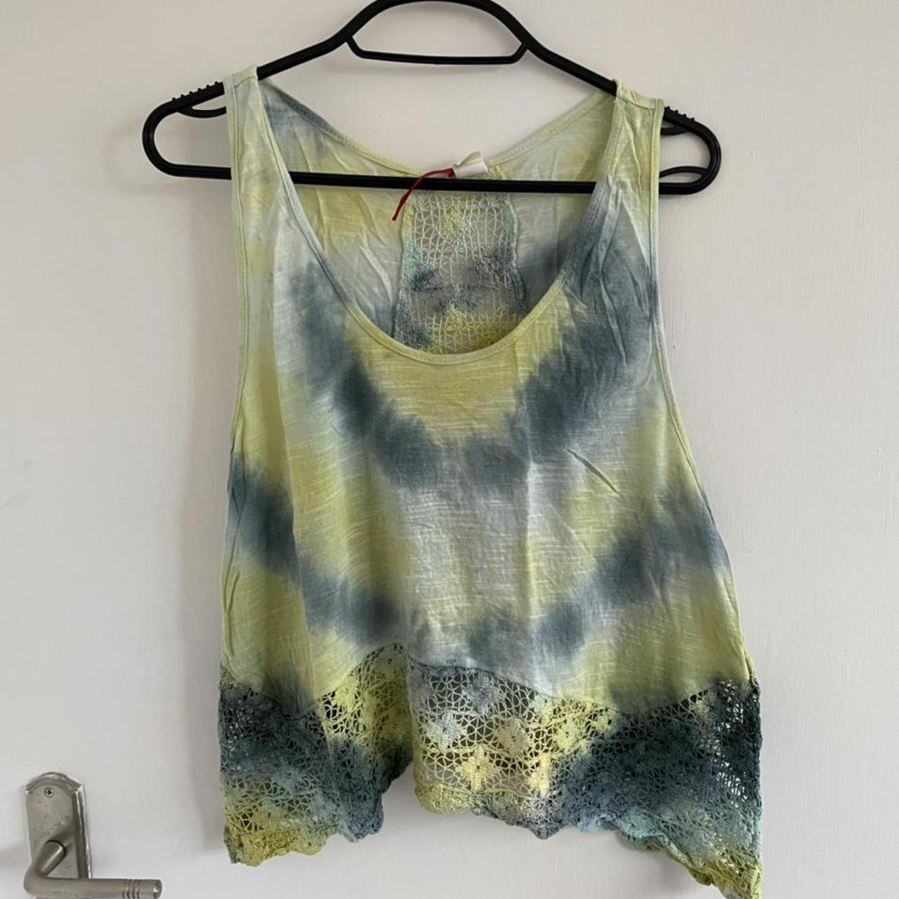 Green and blue tie dye vest top with lace detailing... - Depop