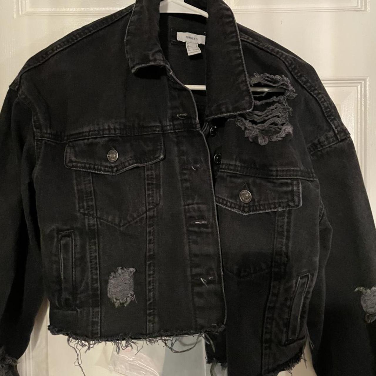 black cropped distressed denim jacket