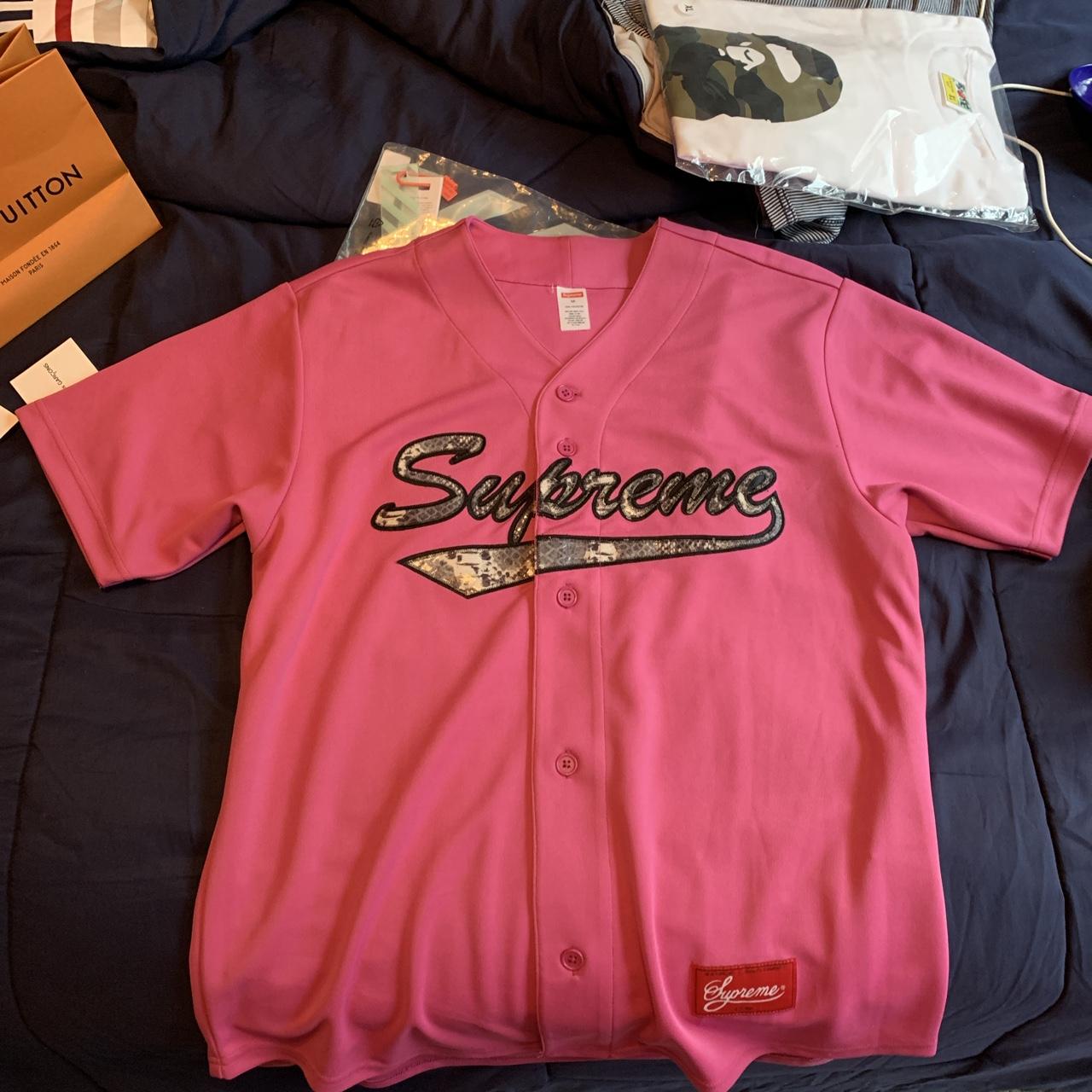 Pink supreme snakeskin script baseball jersey , size...