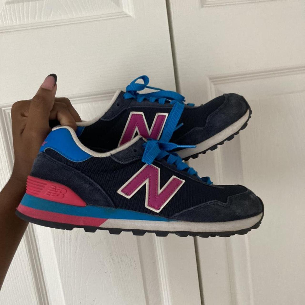 navy blue and pink sneakers