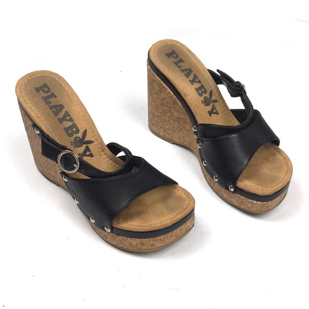 Playboy Women's Black and Tan Sandals | Depop