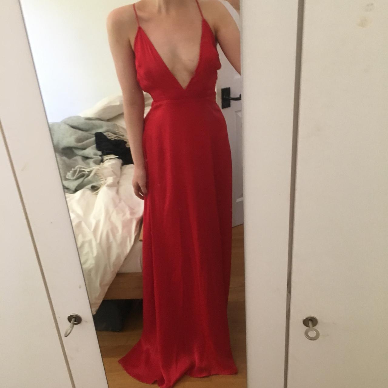 red satin prom dress with slit... - Depop