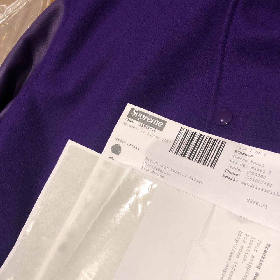 Supreme motion logo varsity jacket colour purple... - Depop