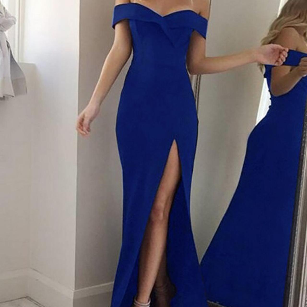 Blue off the shoulder Formal dress Slit Never been... - Depop