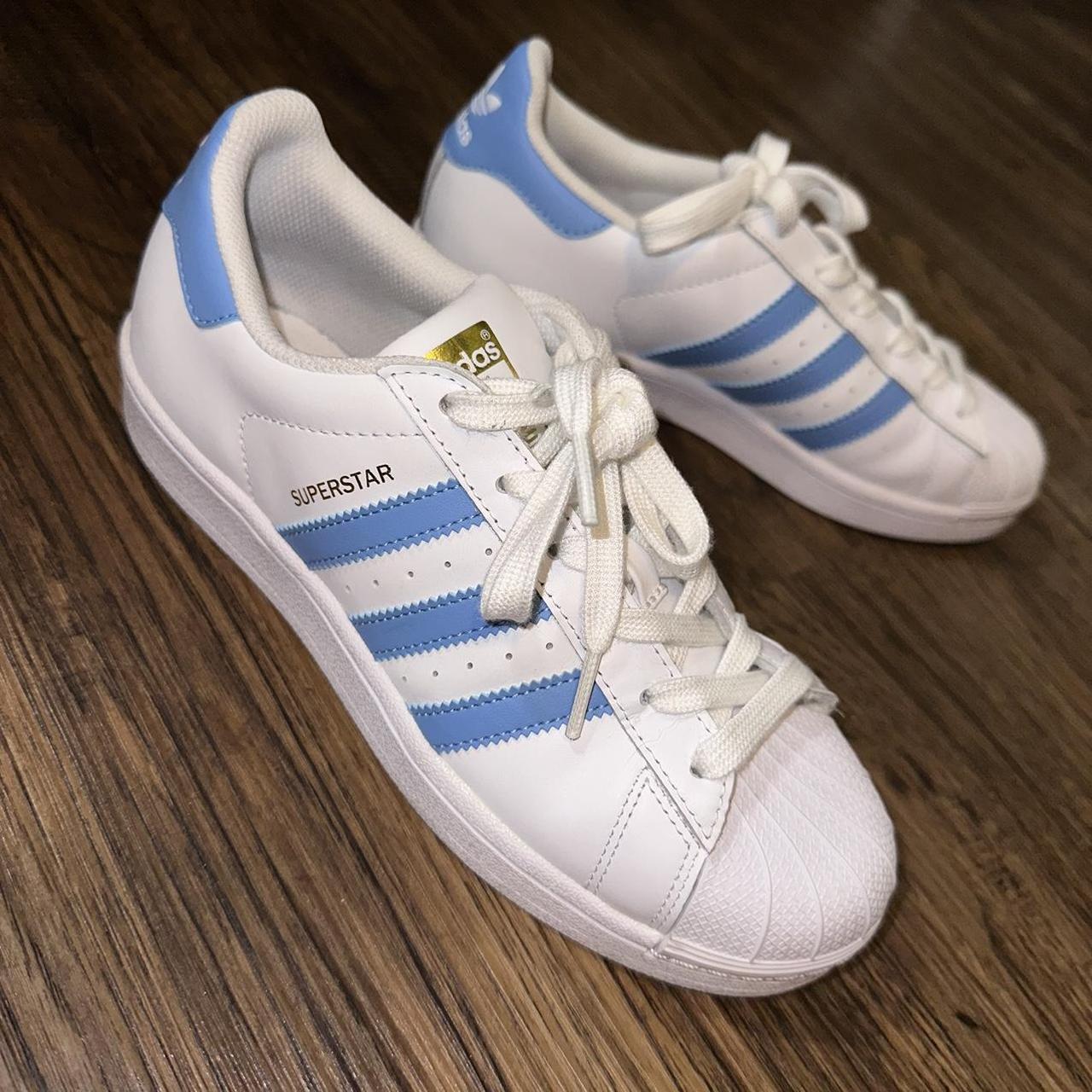 adidas superstars white and light blue, great... - Depop