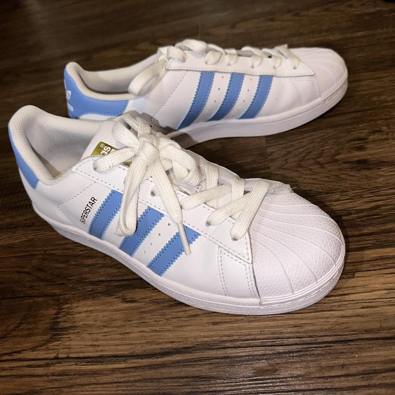 adidas superstars white and light blue, great... - Depop