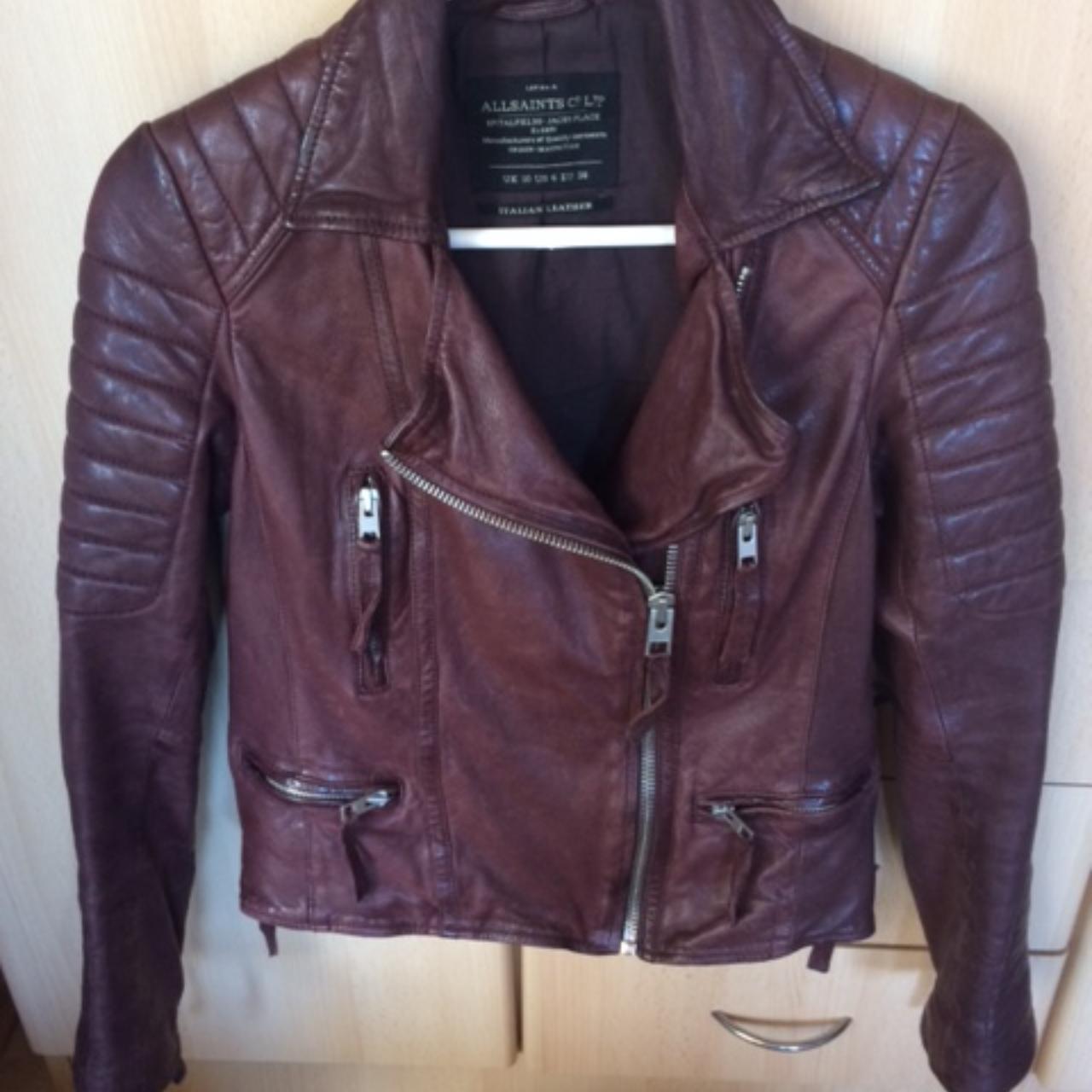 All Saints biker style leather jacket in burgundy... - Depop