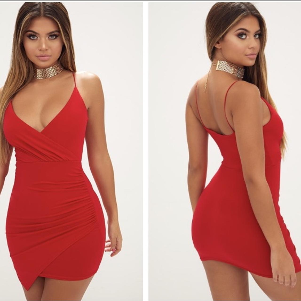 red slinky wrap strappy bodycon dress