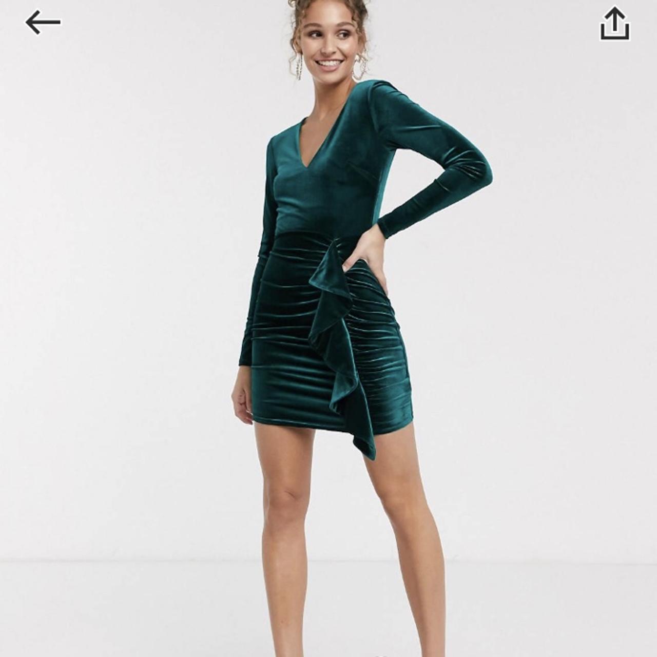 Miss Selfridge velvet dress with ruffle in emerald