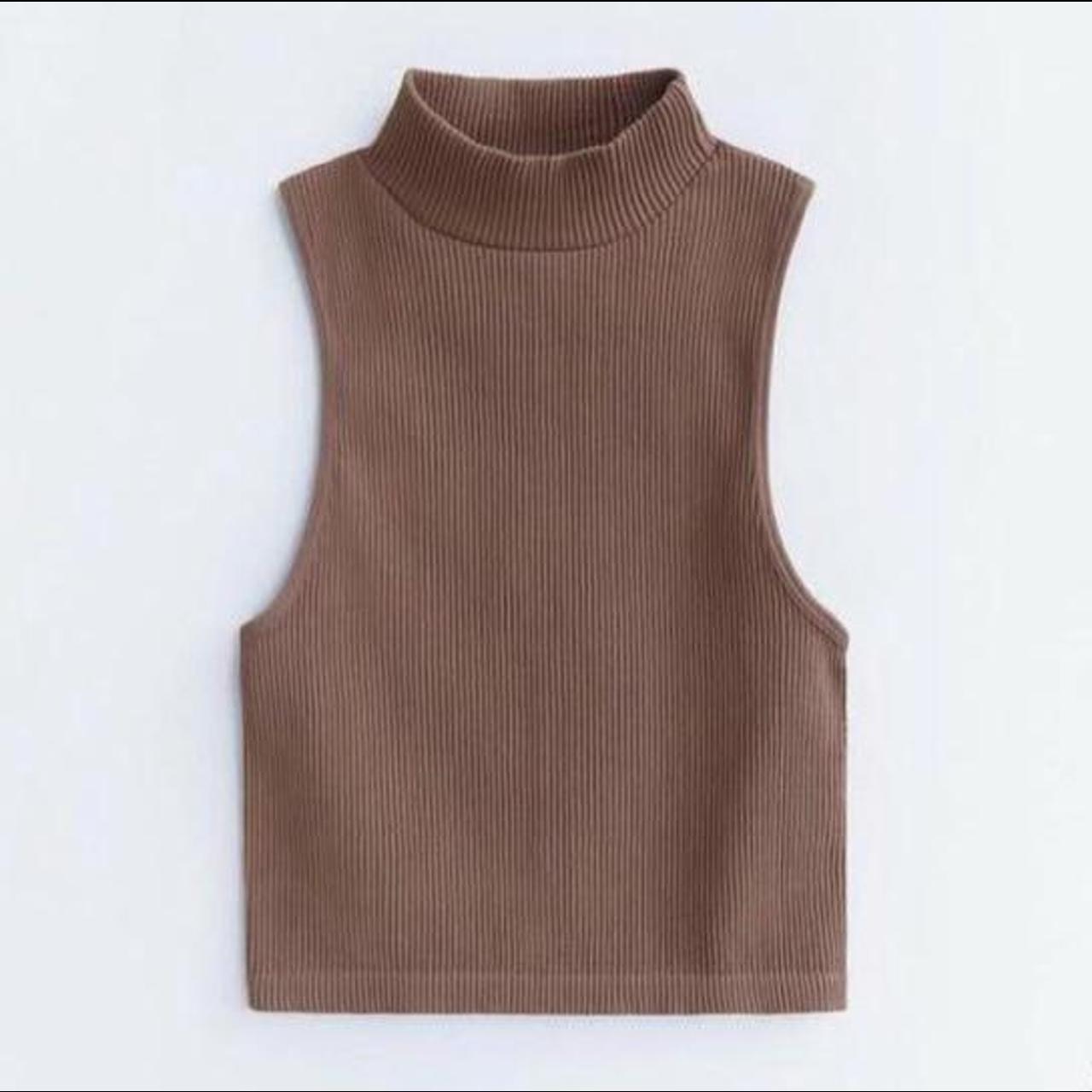 Brown Ribbed Zara Turtleneck Crop Top Size Xs S Depop