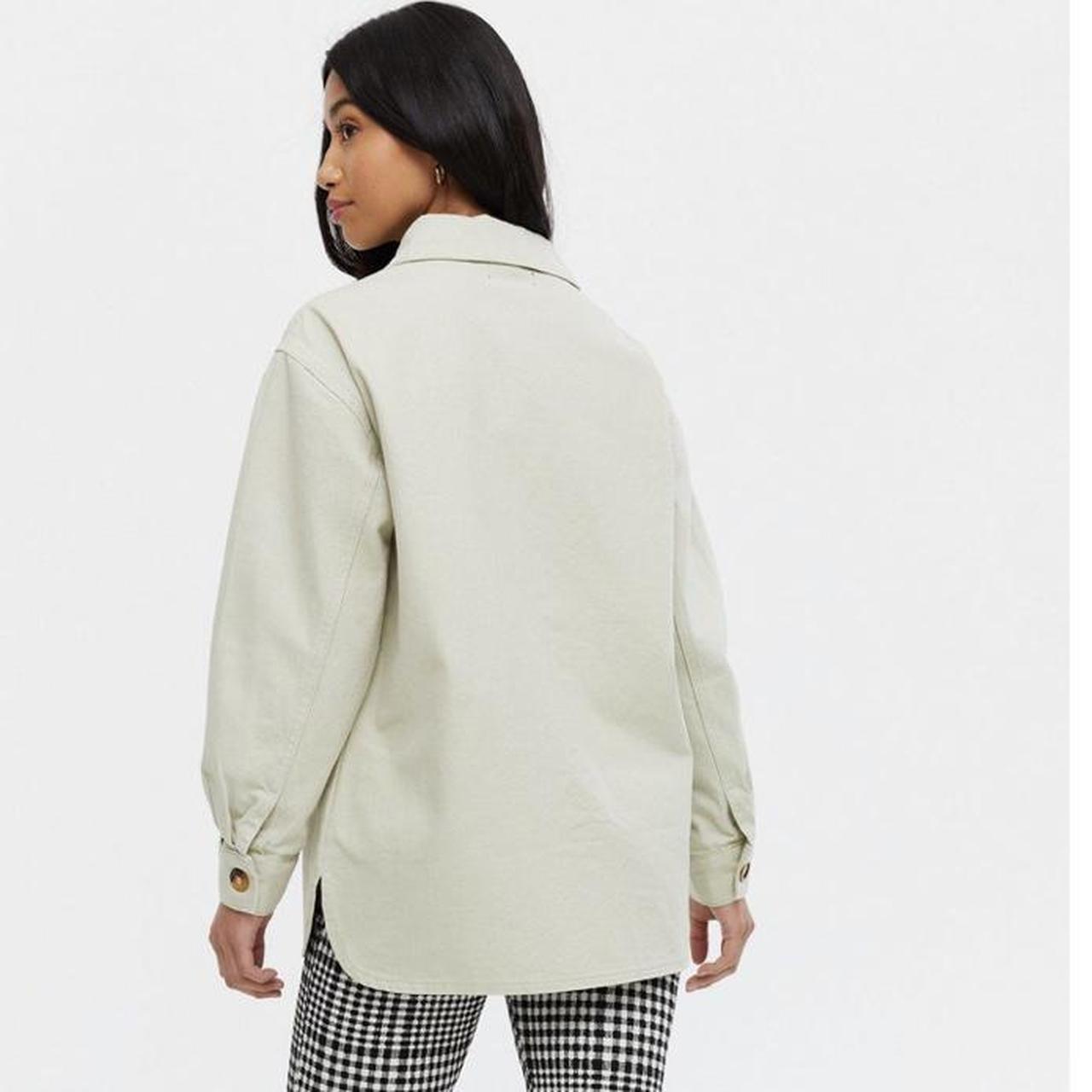 Cream Denim look shacket Model wearing light green,... Depop