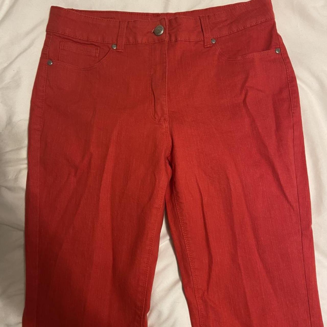 red straight leg stretchy mid rise jeans never worn... - Depop