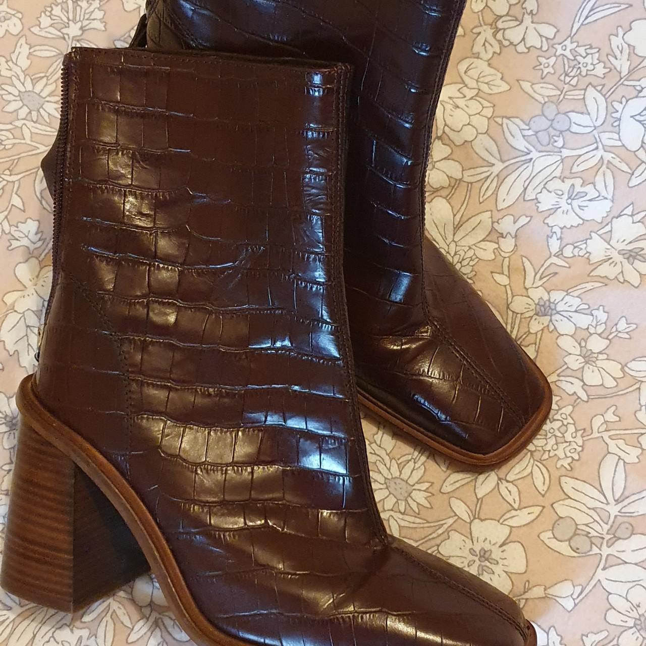 TOPSHOP burgundy crocodile square toe heeled boots... - Depop