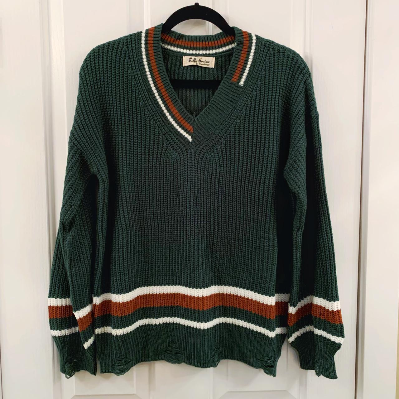 Green sweater with stripe, distress and v-neck... - Depop