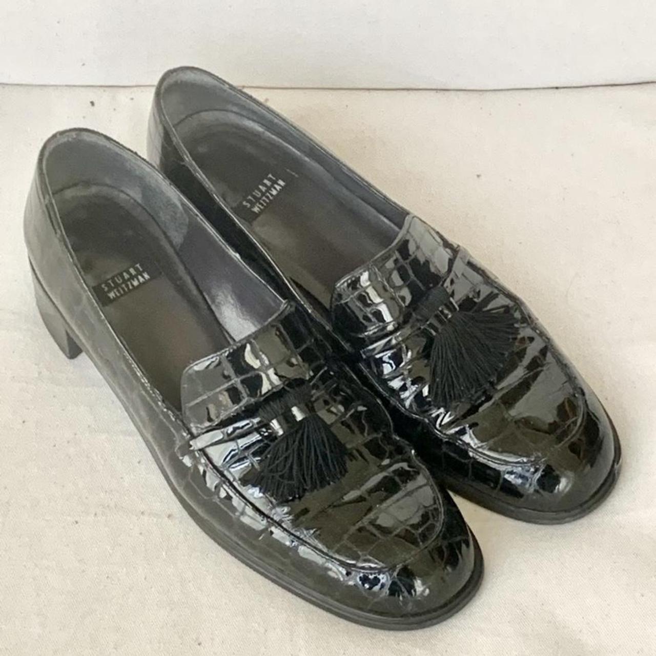 STUART WEITZMAN BLACK EMBOSSED CROC HEELED LOAFERS... - Depop