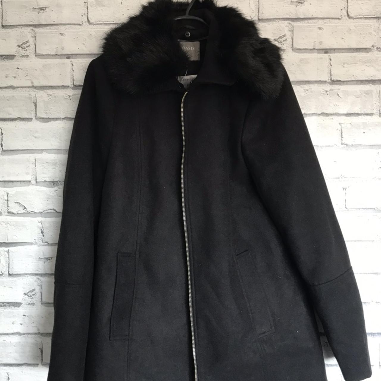 Oasis black coat Faux fur collared Worn a few... - Depop