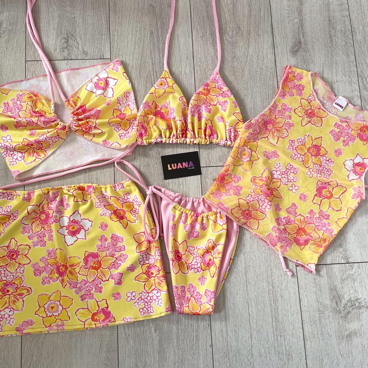 yellow / pink floral print bikini triangle top and... Depop