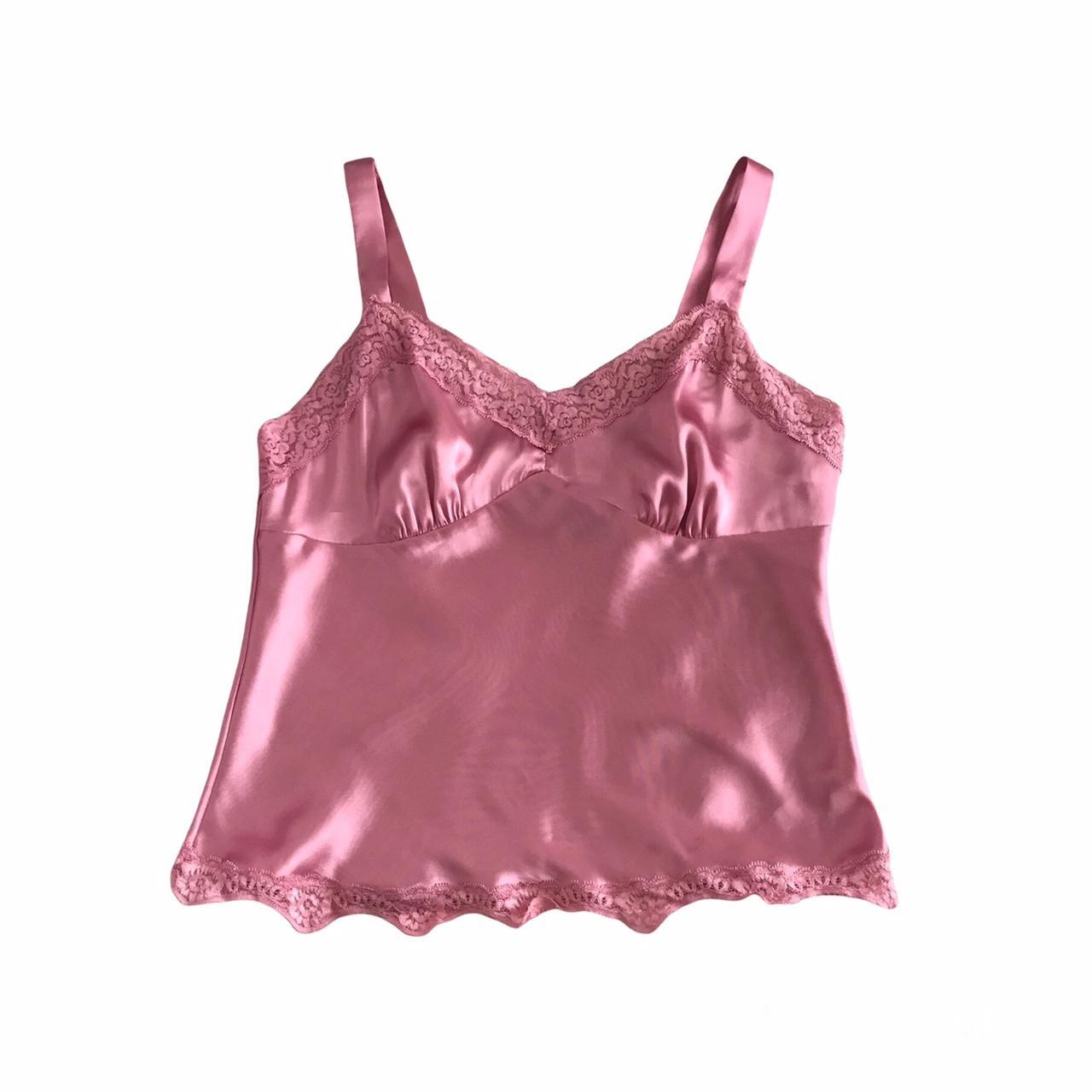 super pretty pink satin lace trim top, labeled as a... - Depop