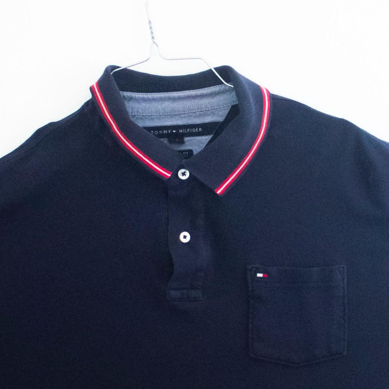 Tommy Hilfiger Navy Blue Polo with Red Lining on... - Depop