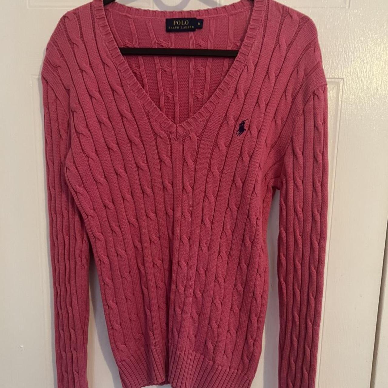 Womens pink v neck Ralph Lauren cable knit jumper - Depop