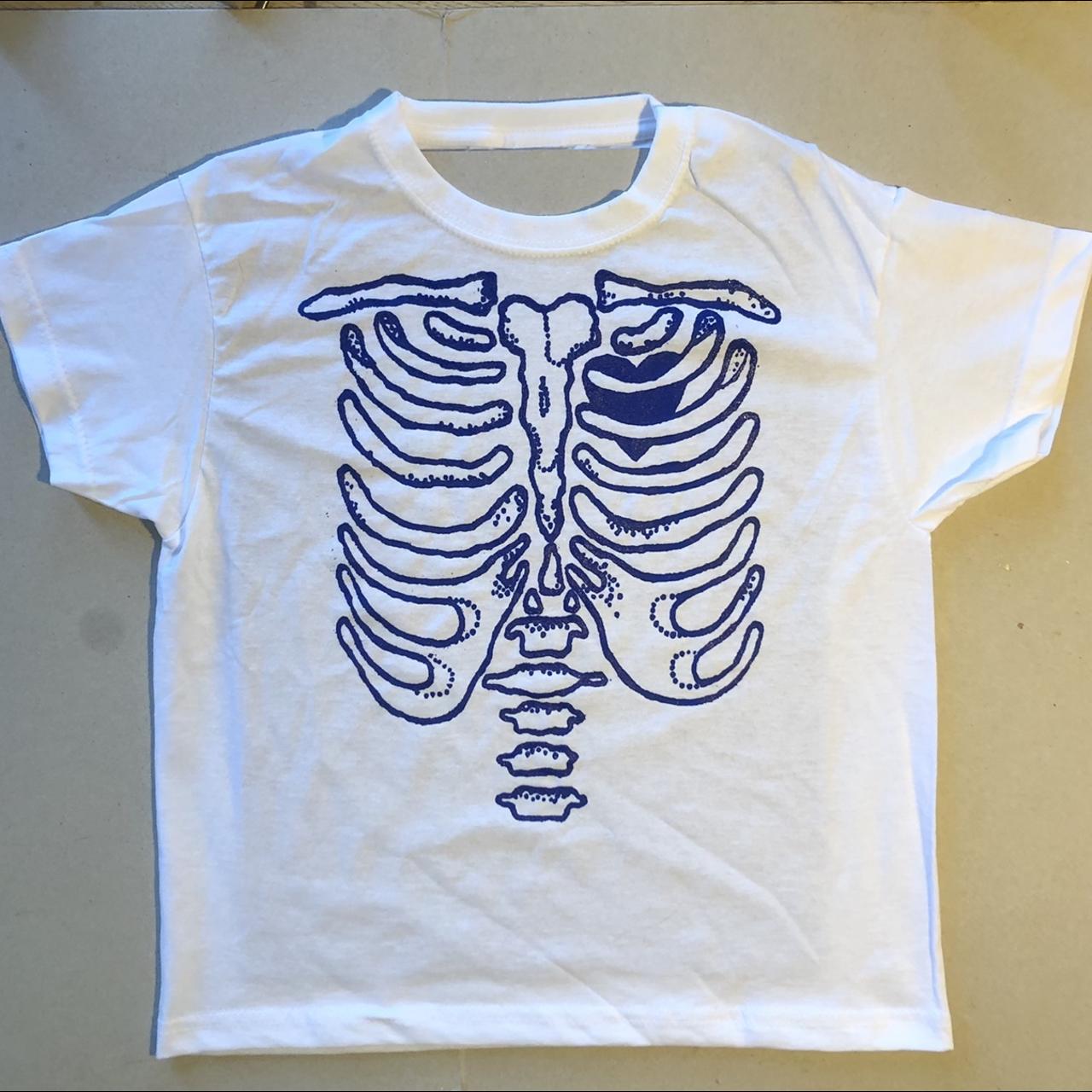 Handmade screen-printed top, blue on white ribcage... - Depop