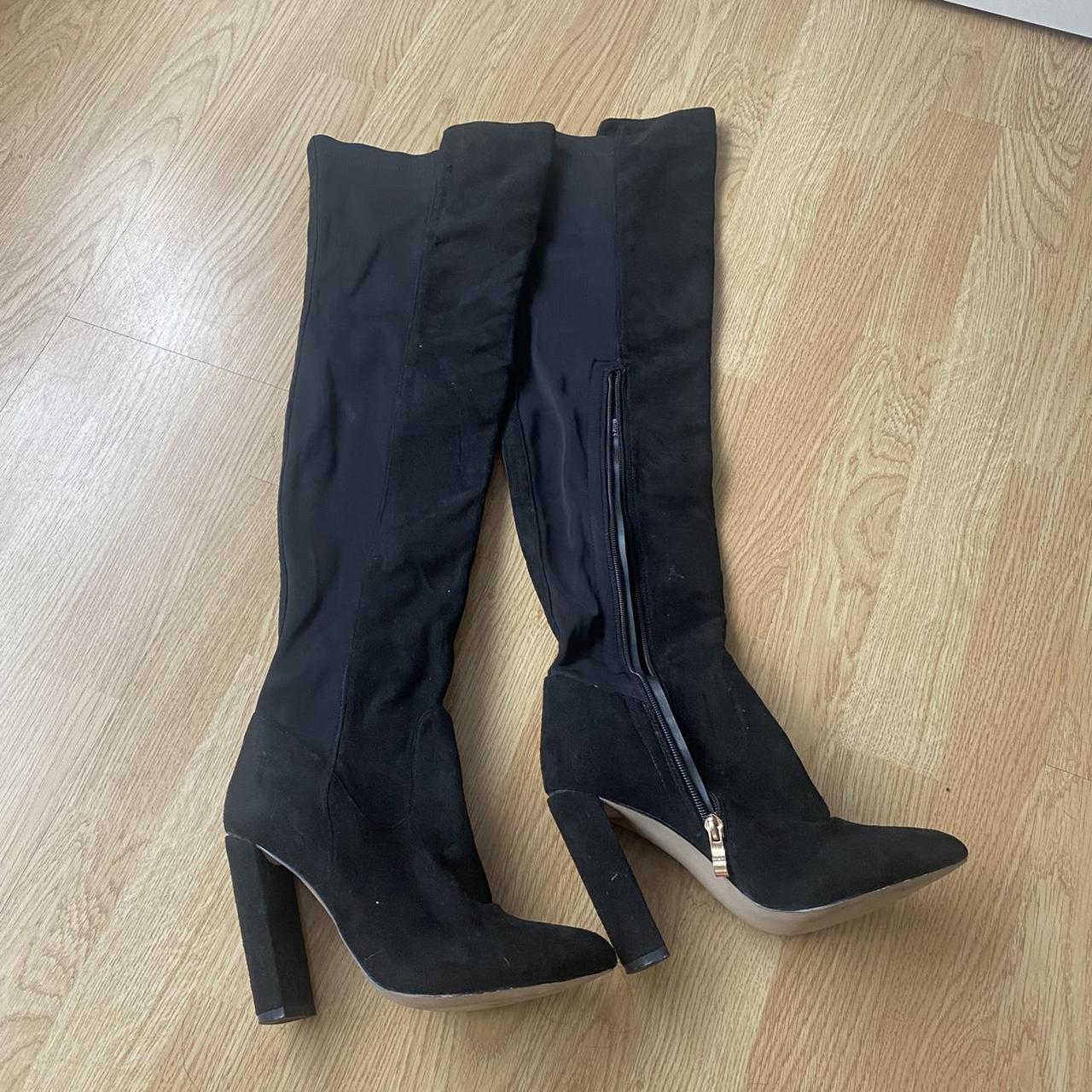 Black thigh high suede heel boots all black never worn - Depop