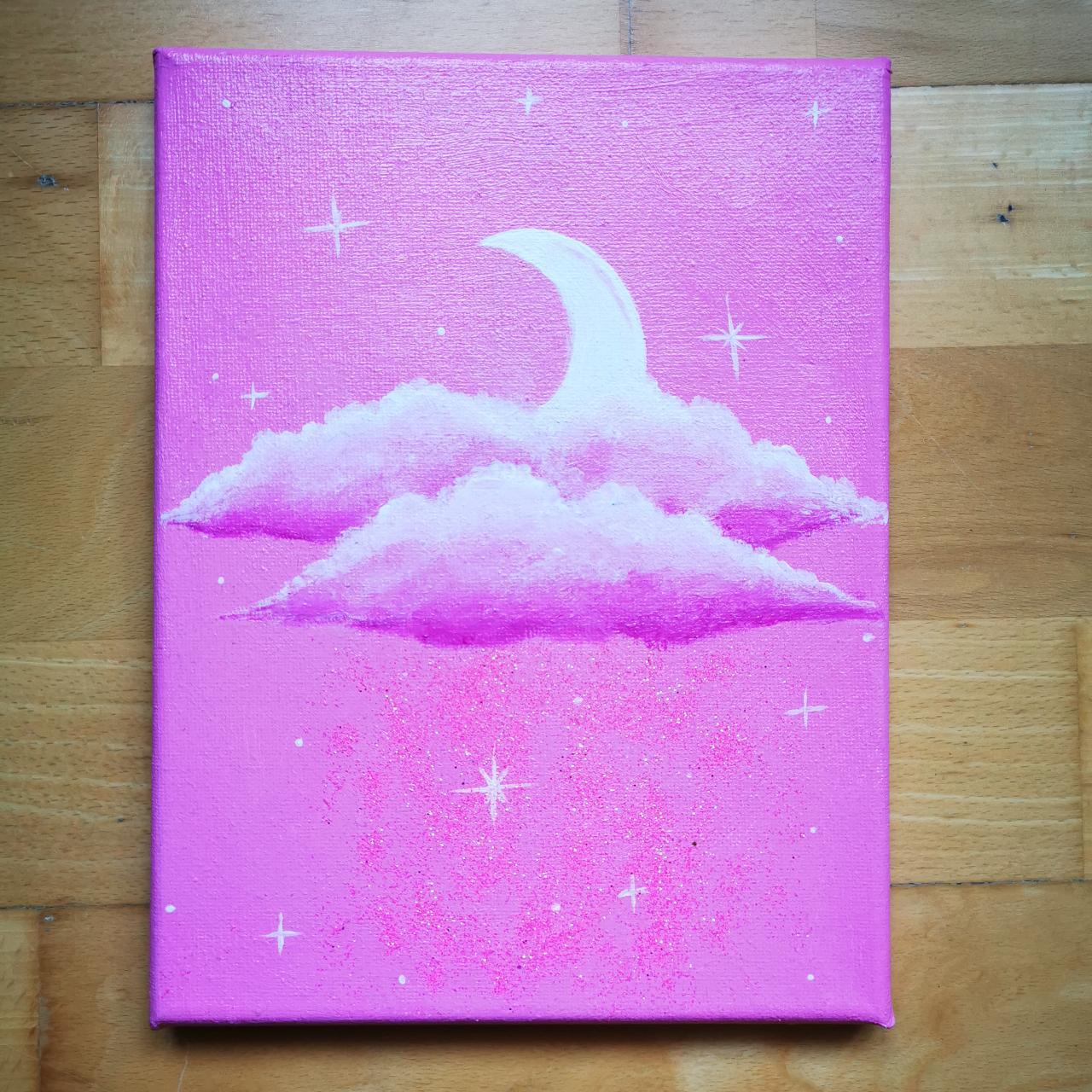 Pink aesthetic moon & clouds painting on stretched... - Depop