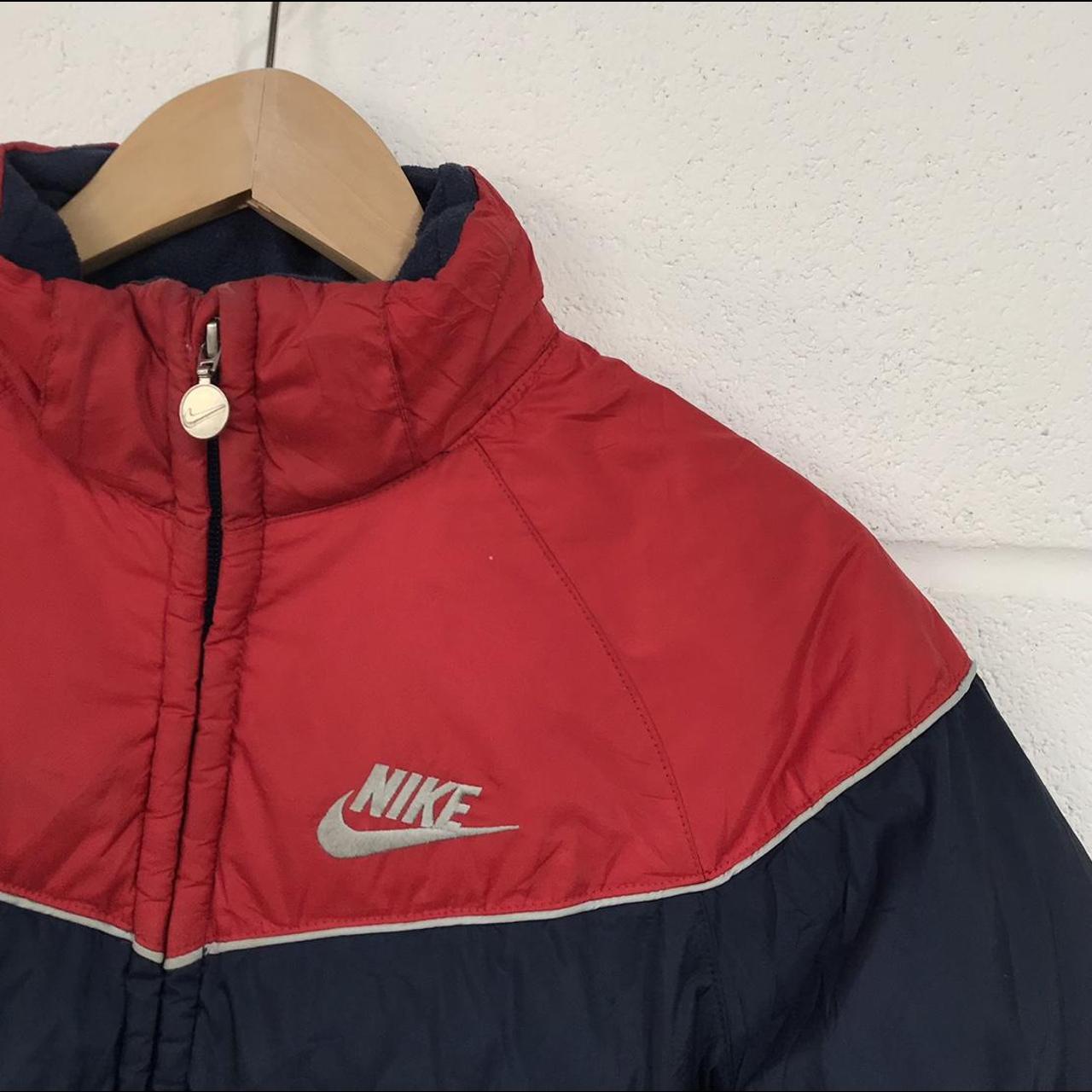 Vintage Nike navy and red zip up puffer jacket coat... - Depop