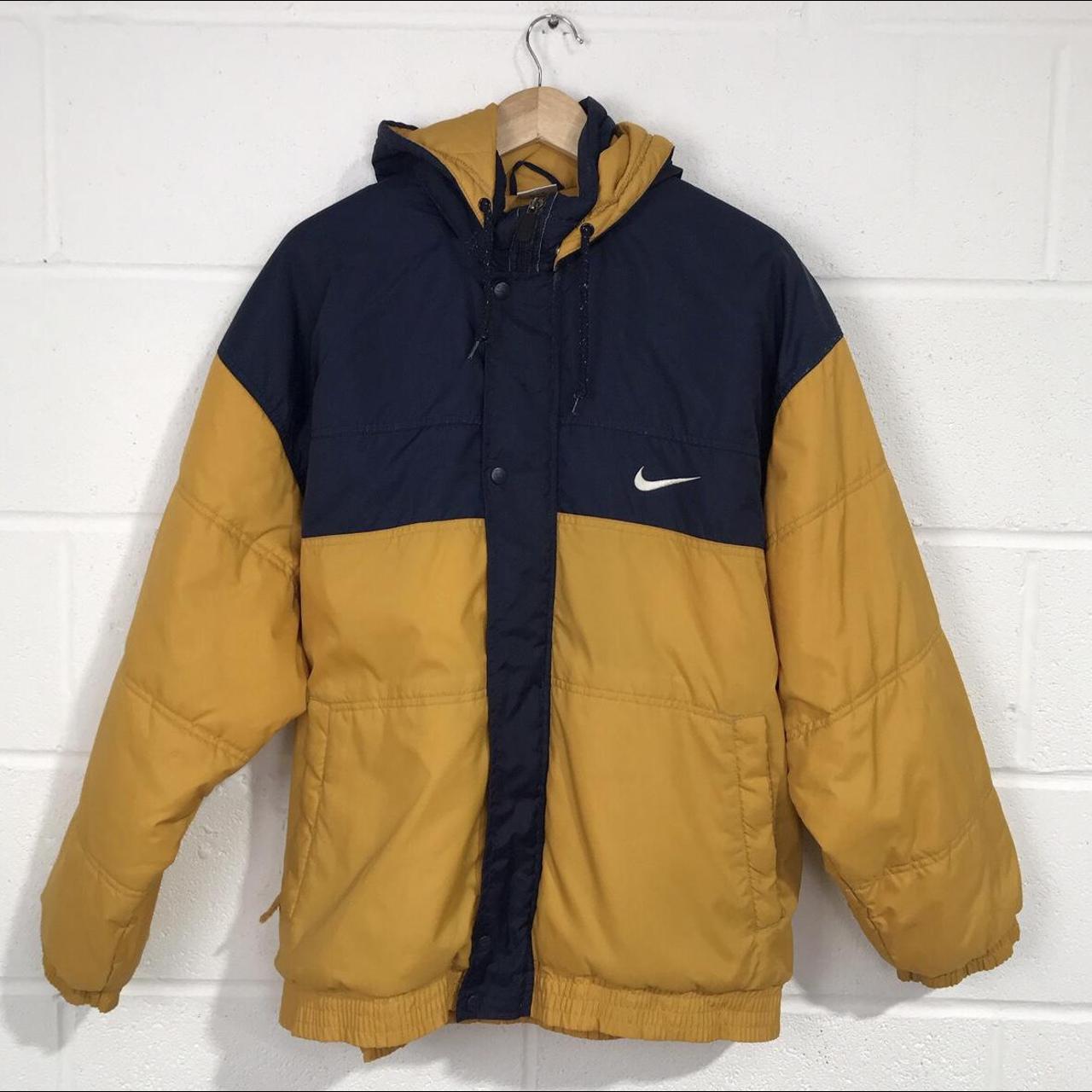 Vintage Nike navy and yellow zip up jacket coat with... - Depop