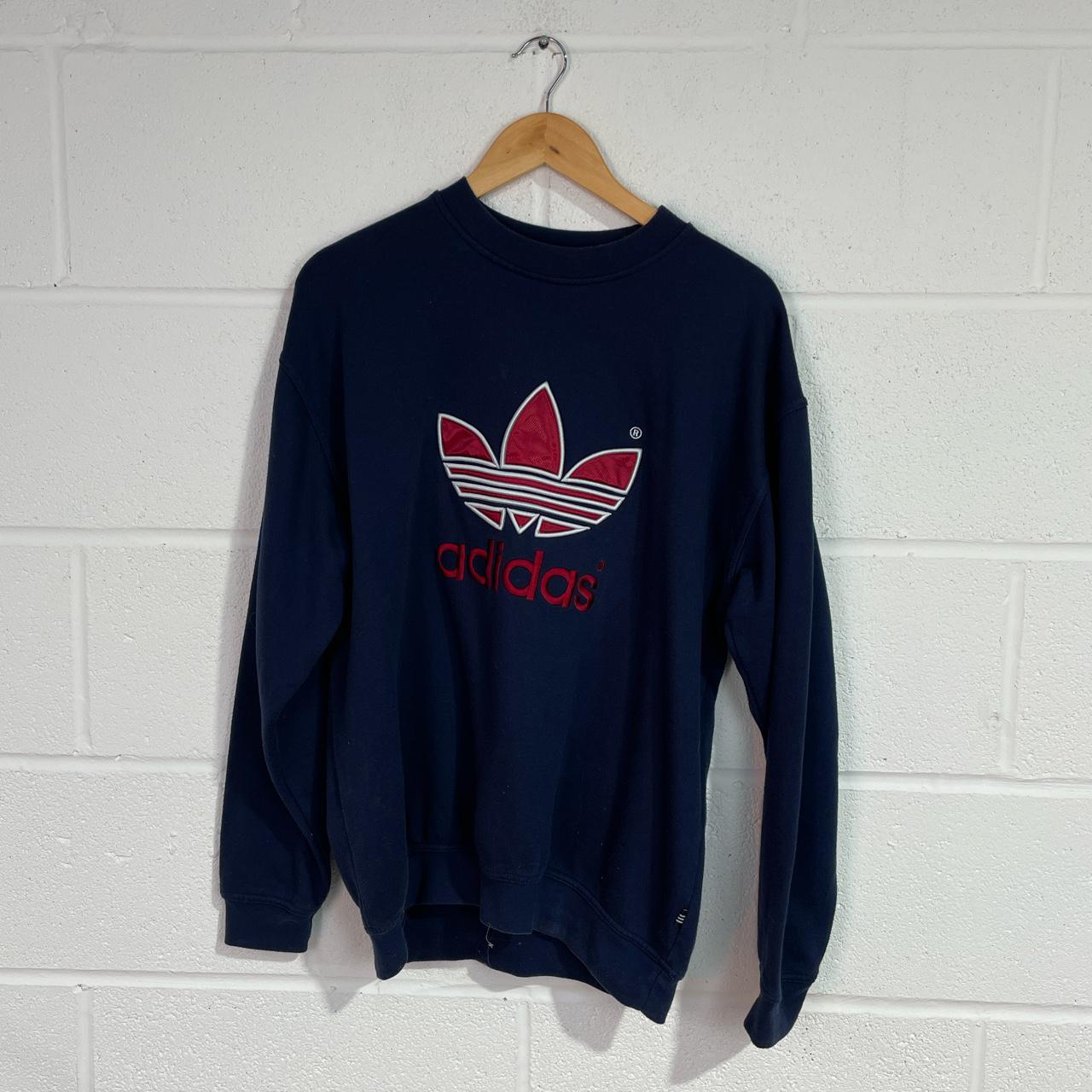 Vintage Adidas Navy and red sweatshirt with spellout... - Depop