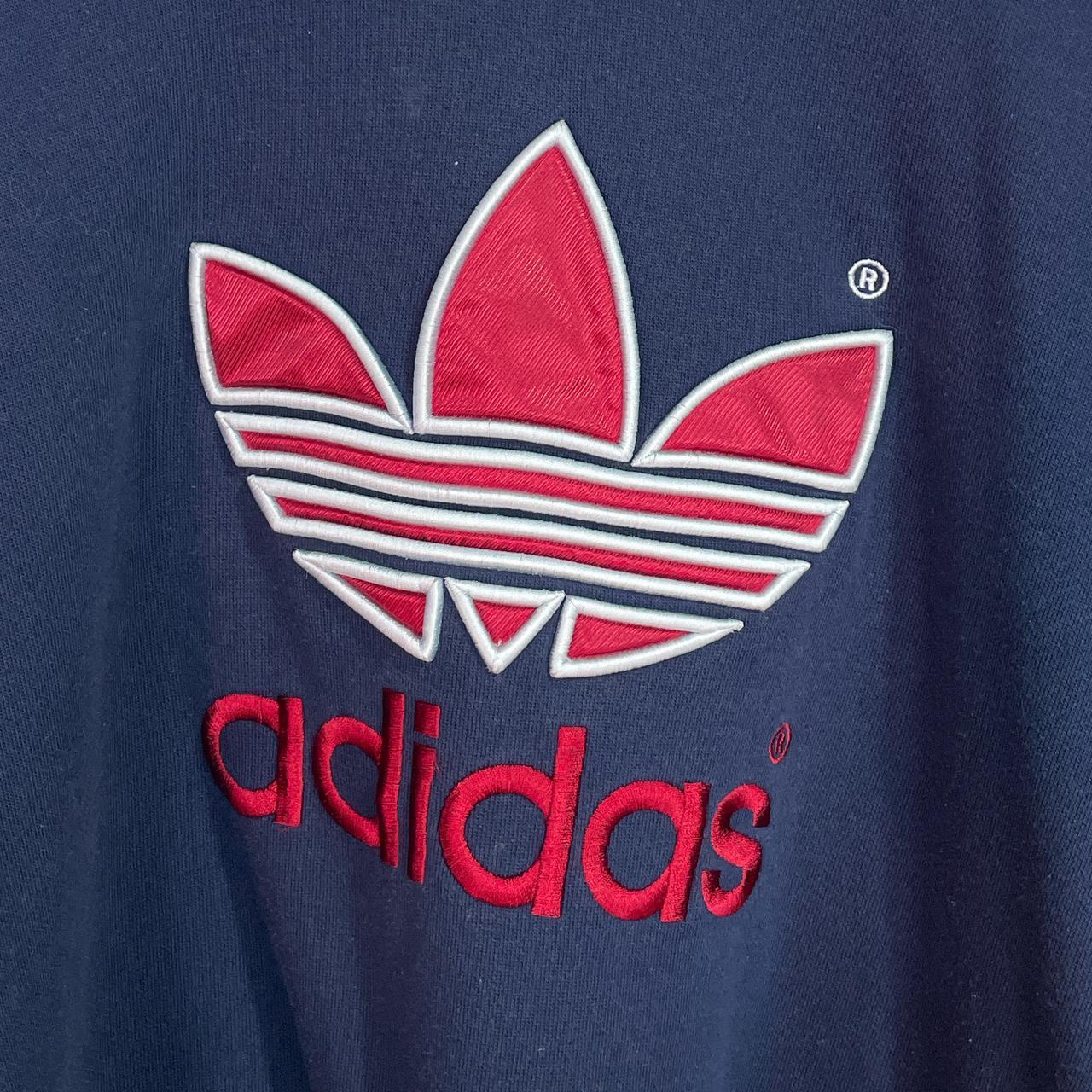 Vintage Adidas Navy and red sweatshirt with spellout... - Depop