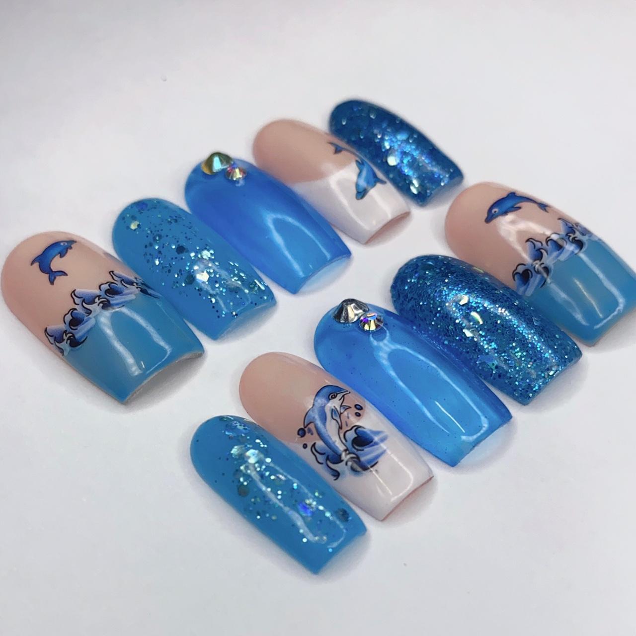 Blue dolphin gel press on nails. These full cover... - Depop